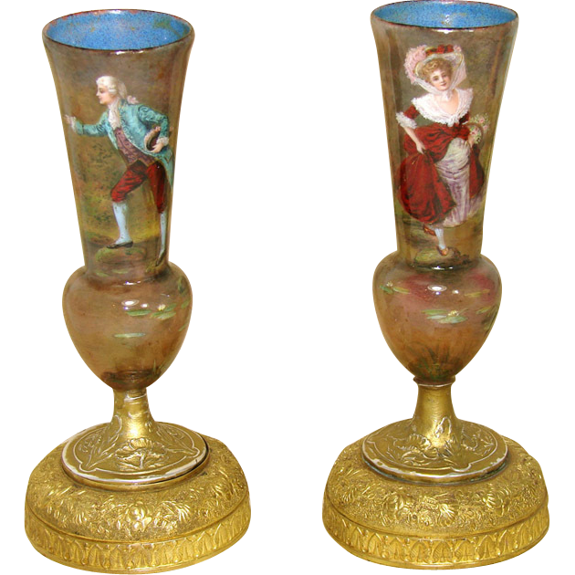 Antique French Limoges Enamel 7" Vase or Lamp Base PAIR, HP Man & Woman Figures Antique French Limoges Enamel 7" Vase or Lamp Base PAIR, HP Man & Woman Figures