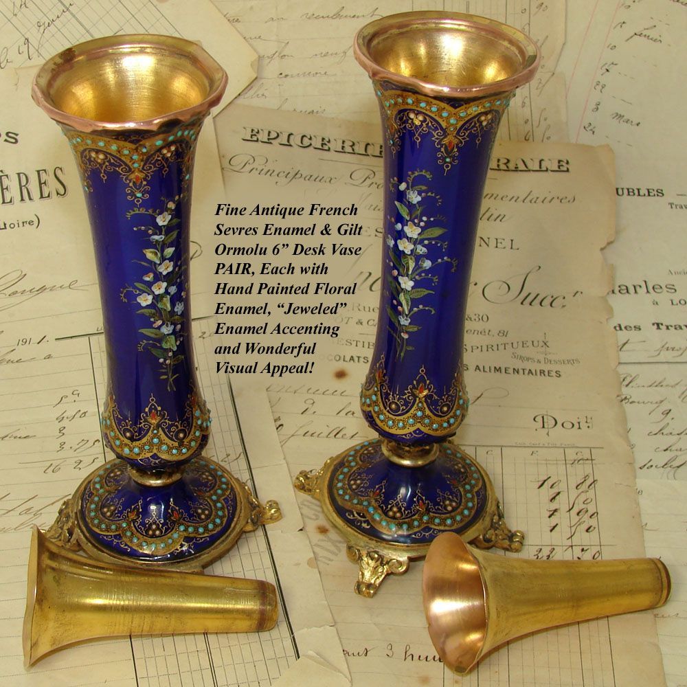 Antique French Sevres Enamel & Ormolu 6" Posy Vase PAIR, HP & Jeweled eBay