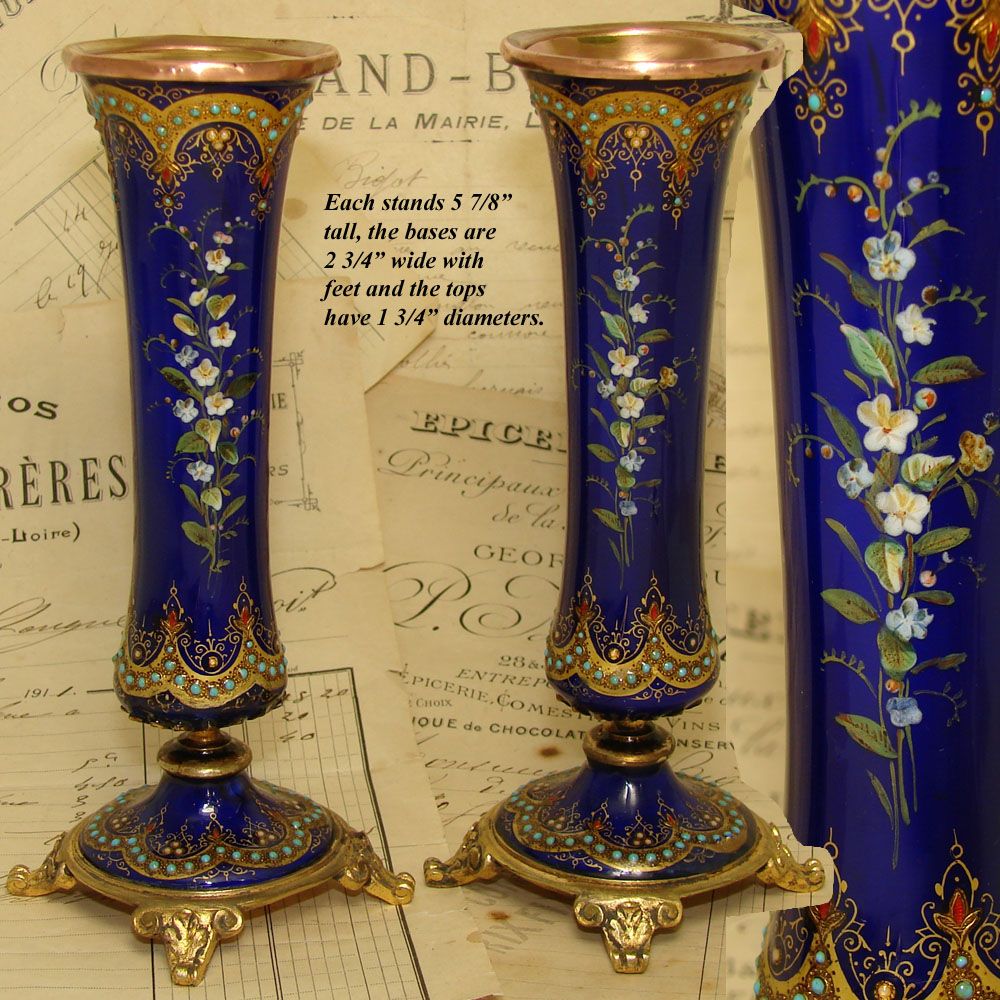 Antique French Sevres Enamel & Ormolu 6" Posy Vase PAIR, HP & Jeweled eBay