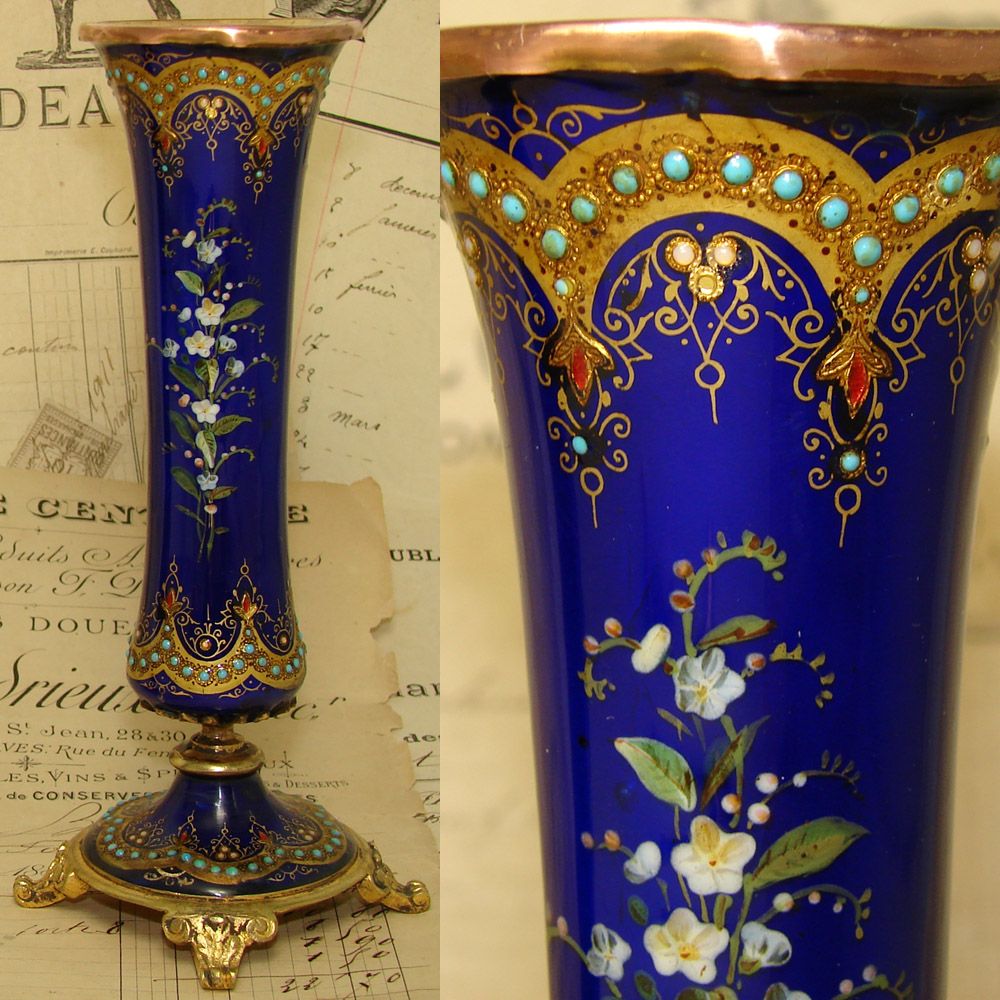 Antique French Sevres Enamel & Ormolu 6" Posy Vase PAIR, HP & Jeweled eBay