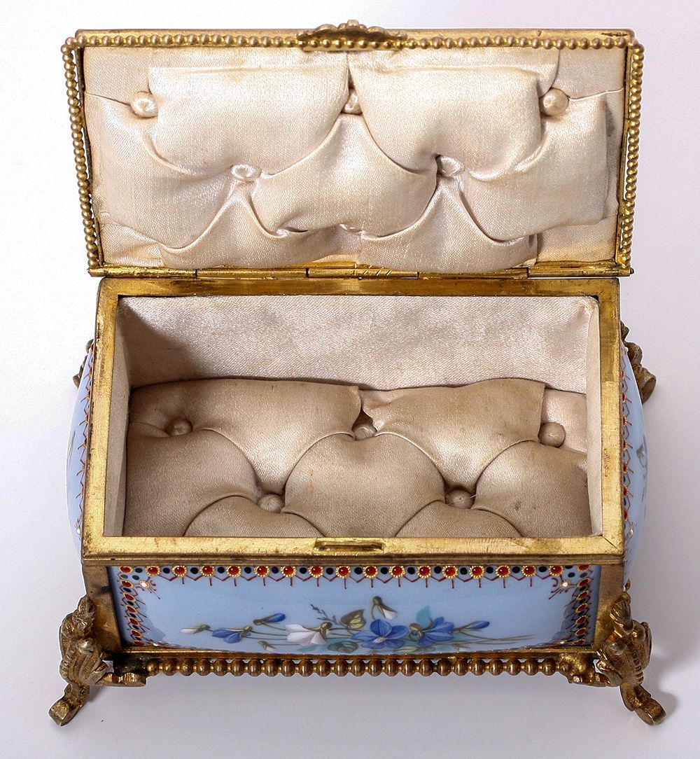 Antique French Kilnfired Enamel Jewelry Casket, Box, Etui unsigned