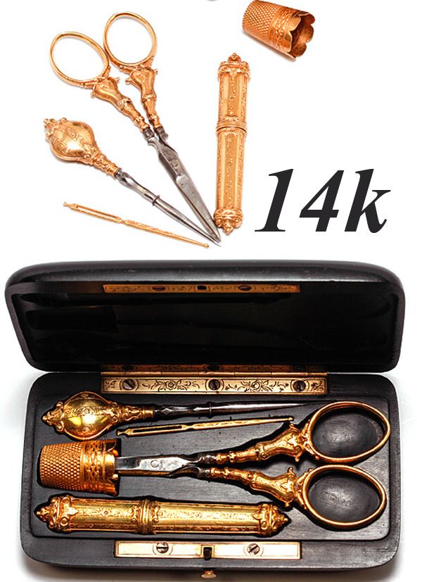 Set antique 14k solid gold sewing or embroidery tools scissors