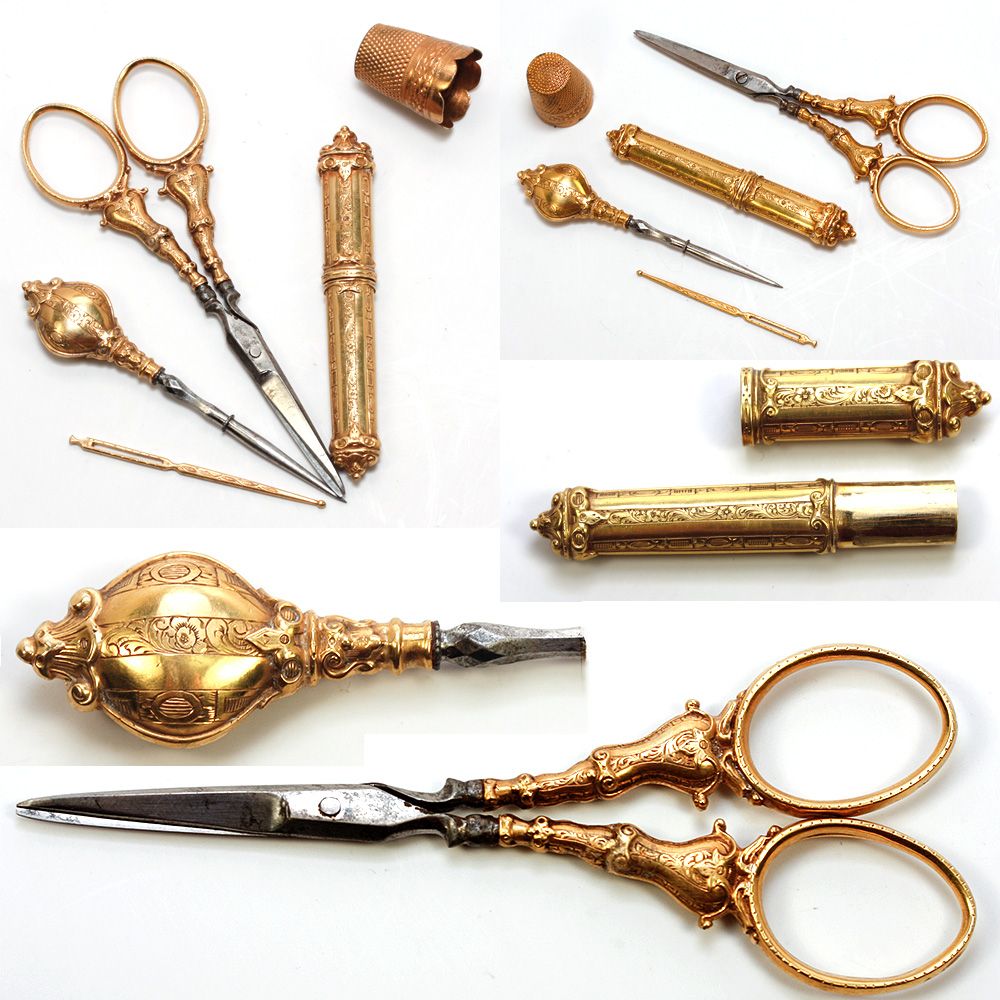 Set antique 14k solid gold sewing or embroidery tools scissors