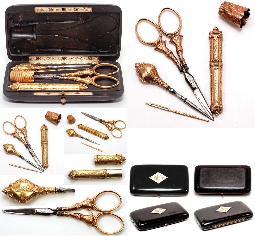 Set antique 14k solid gold sewing or embroidery tools scissors