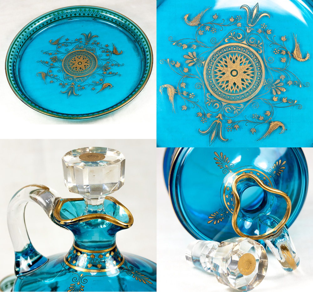 Antique French Liqueur Service, Baccarat Blue Crystal Decanter & Tray