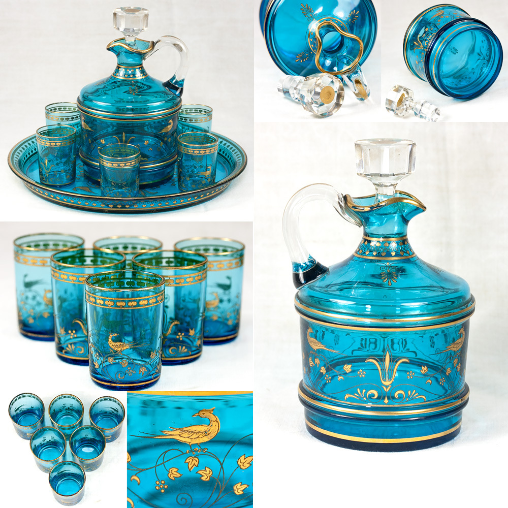 Antique French Liqueur Service Baccarat Blue Crystal Decanter And Tray