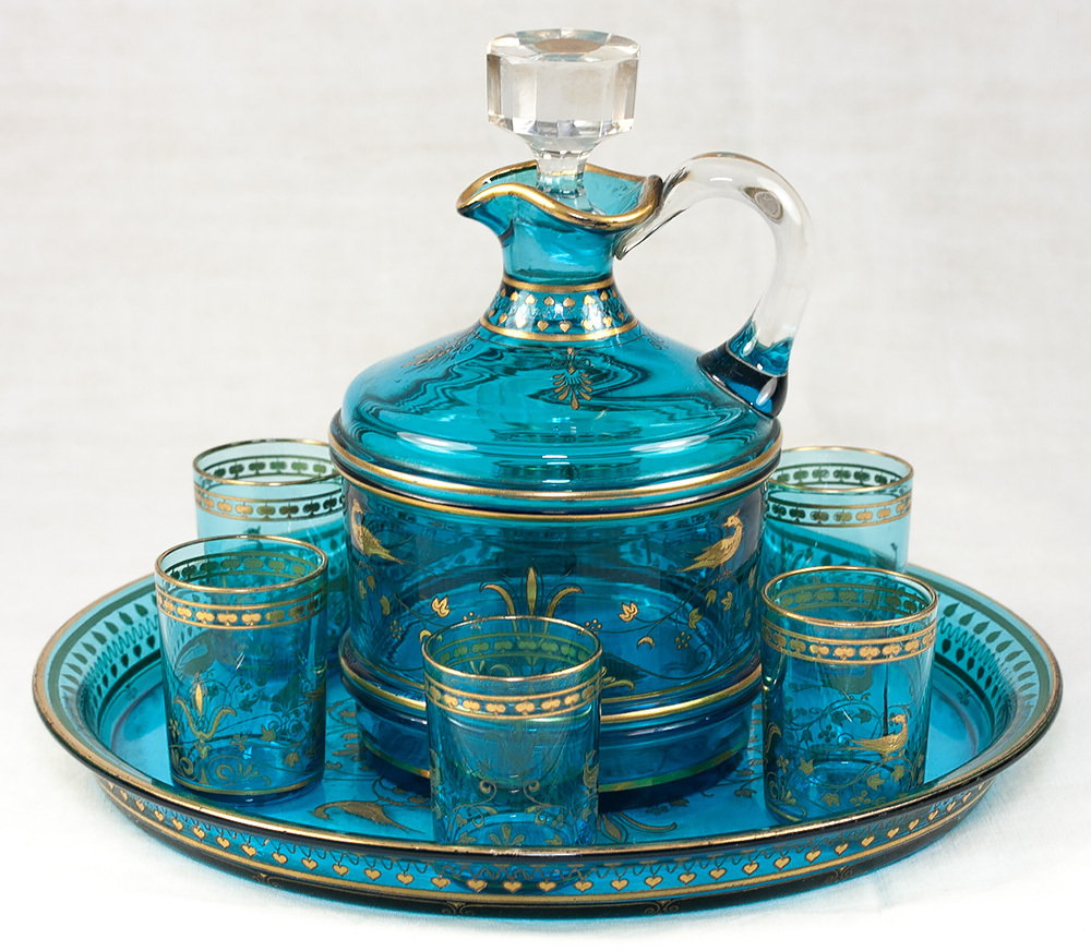 Antique French Liqueur Service, Baccarat Blue Crystal Decanter & Tray