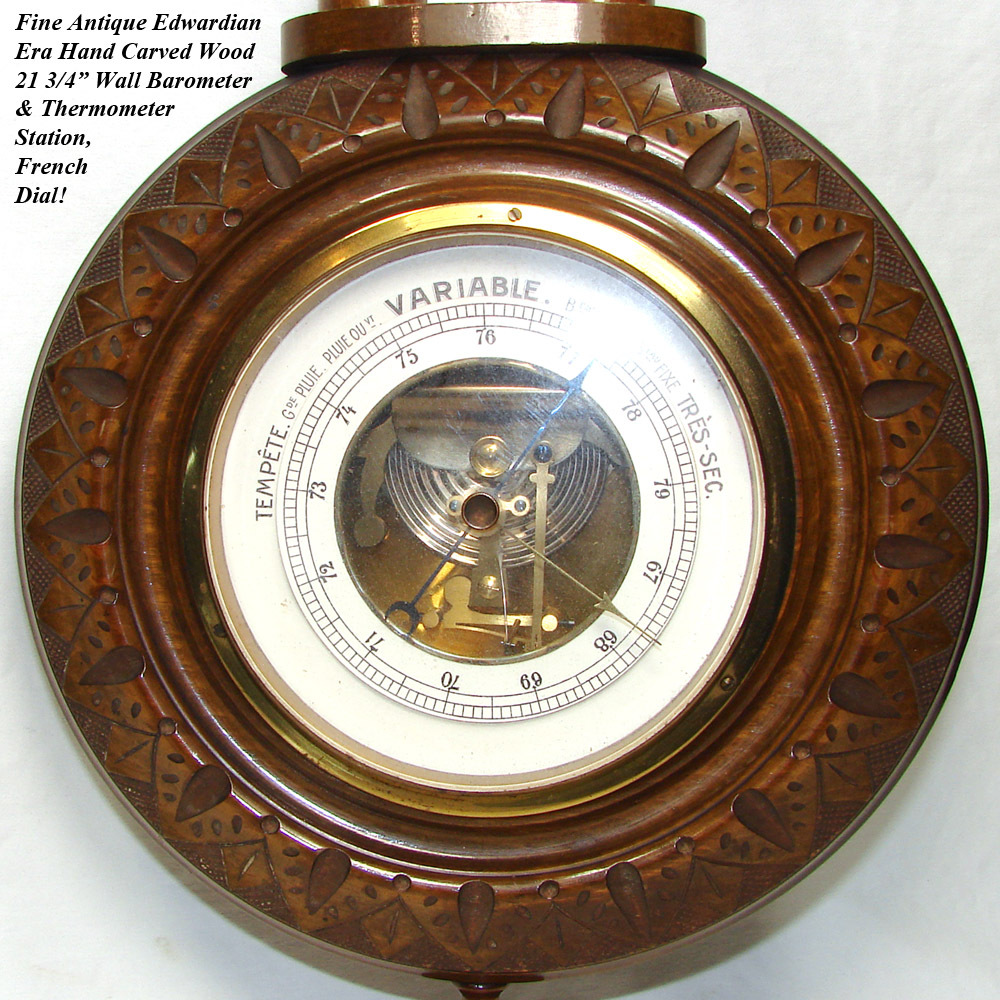 Fine Antique to Vintage French Carved 22" Wall Barometer & Thermometer