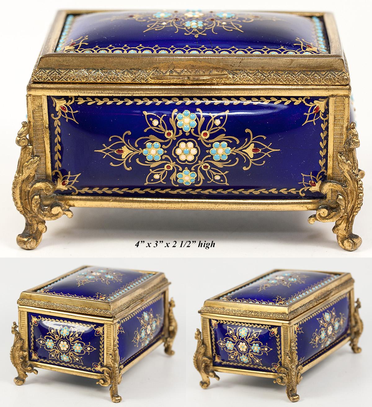 Antique French Kilnfired Enamel Jewelry Box, Casket, Cobalt Blue w