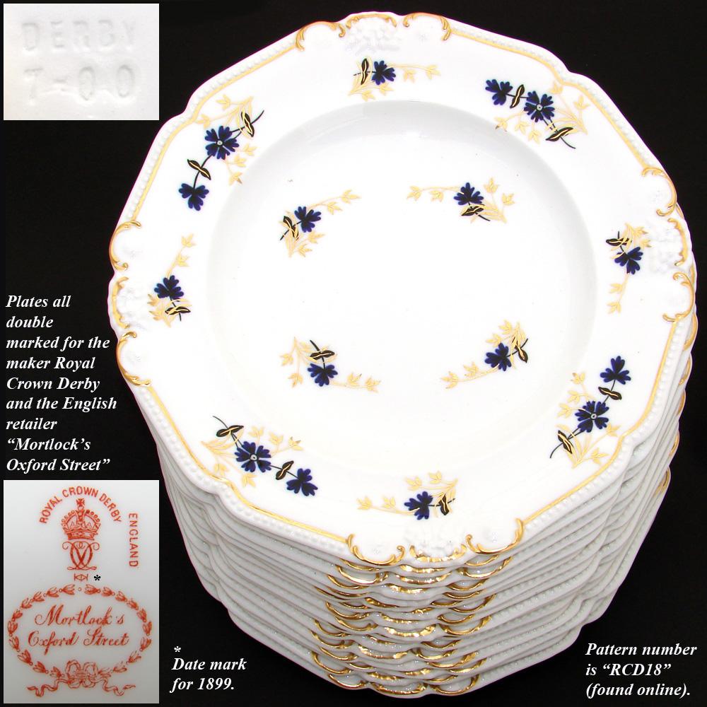 Antique Royal Crown Derby 10.5" Plate Set, 14pc with 2pc Serving Dishes, c. 1899 eBay