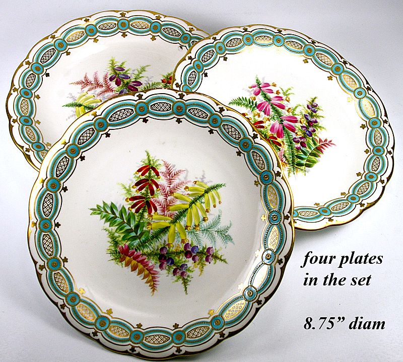 Antique 4pc Hand Painted 8 3/4" Cabinet Plate Set, Flowers with Turquoise & Gold Enamel Borders Antique 4pc Hand Painted 8 3/4" Cabinet Plate Set, Flowers with Turquoise & Gold Enamel Borders