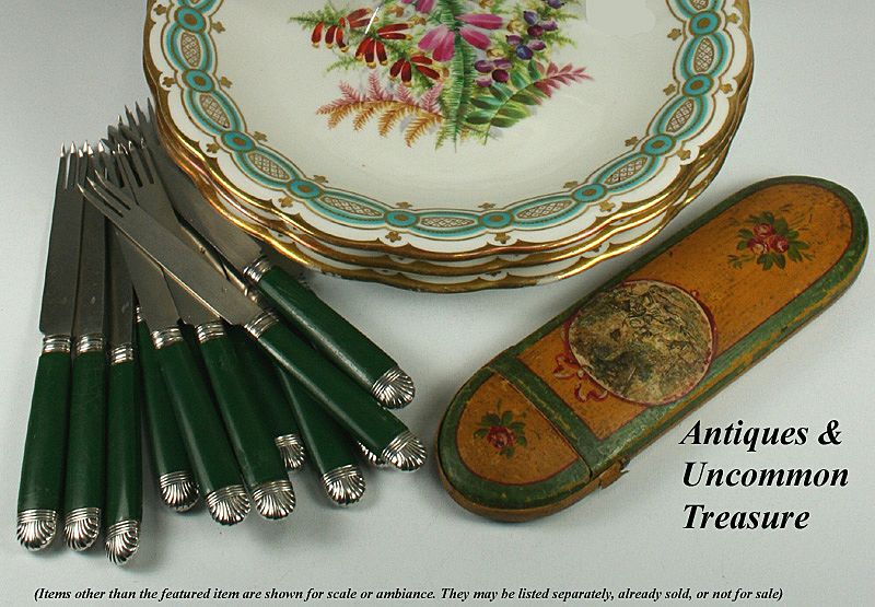 Antique 4pc Hand Painted 8 3/4" Cabinet Plate Set, Flowers with Turquoise & Gold Enamel Borders Antique 4pc Hand Painted 8 3/4" Cabinet Plate Set, Flowers with Turquoise & Gold Enamel Borders