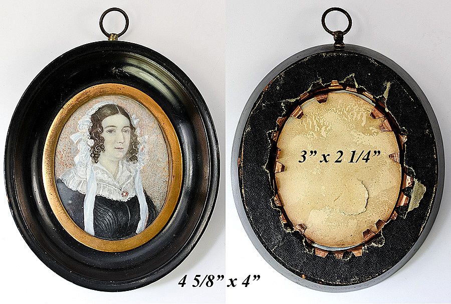 Antique Georgian Portrait Miniature, Lady in Lace, Jewelry Antique Georgian Portrait Miniature, Lady in Lace, Jewelry