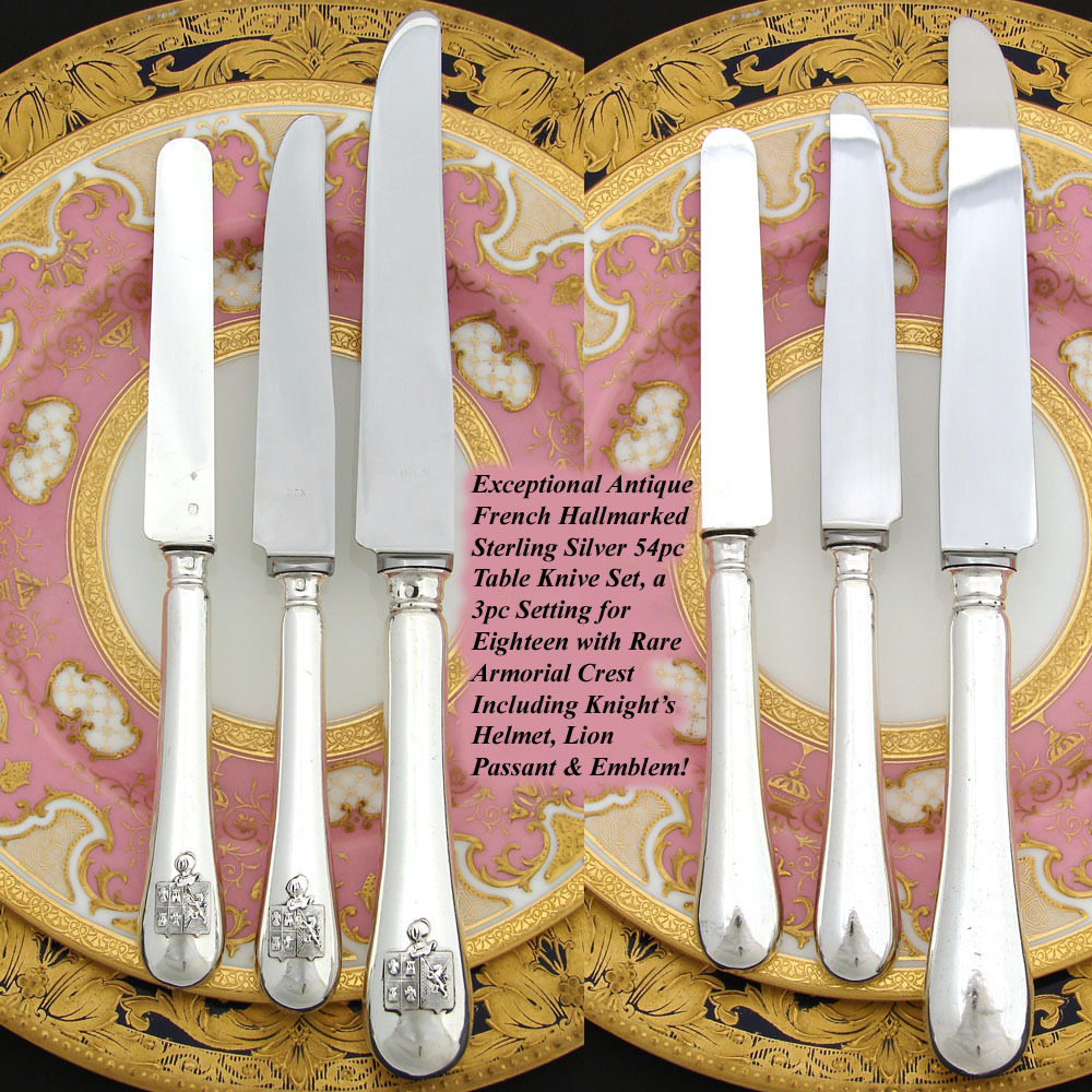 RARE Antique French Sterling Silver 54pc Table Knife Set, Armorial