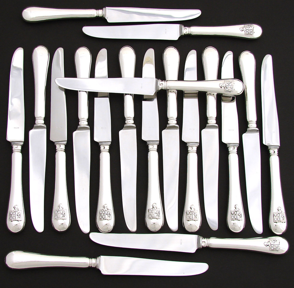 RARE Antique French Sterling Silver 54pc Table Knife Set, Armorial