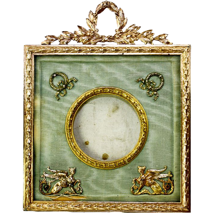 Antique French Dore Bronze Photo or Miniature Portrait Frame, Sphynx Appliques,Silk Mat Antique French Dore Bronze Photo or Miniature Portrait Frame, Sphynx Appliques,Silk Mat