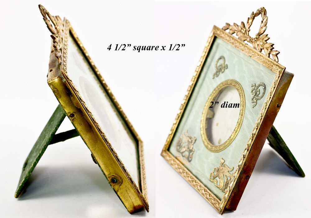 Antique French Dore Bronze Photo or Miniature Portrait Frame, Sphynx Appliques,Silk Mat Antique French Dore Bronze Photo or Miniature Portrait Frame, Sphynx Appliques,Silk Mat