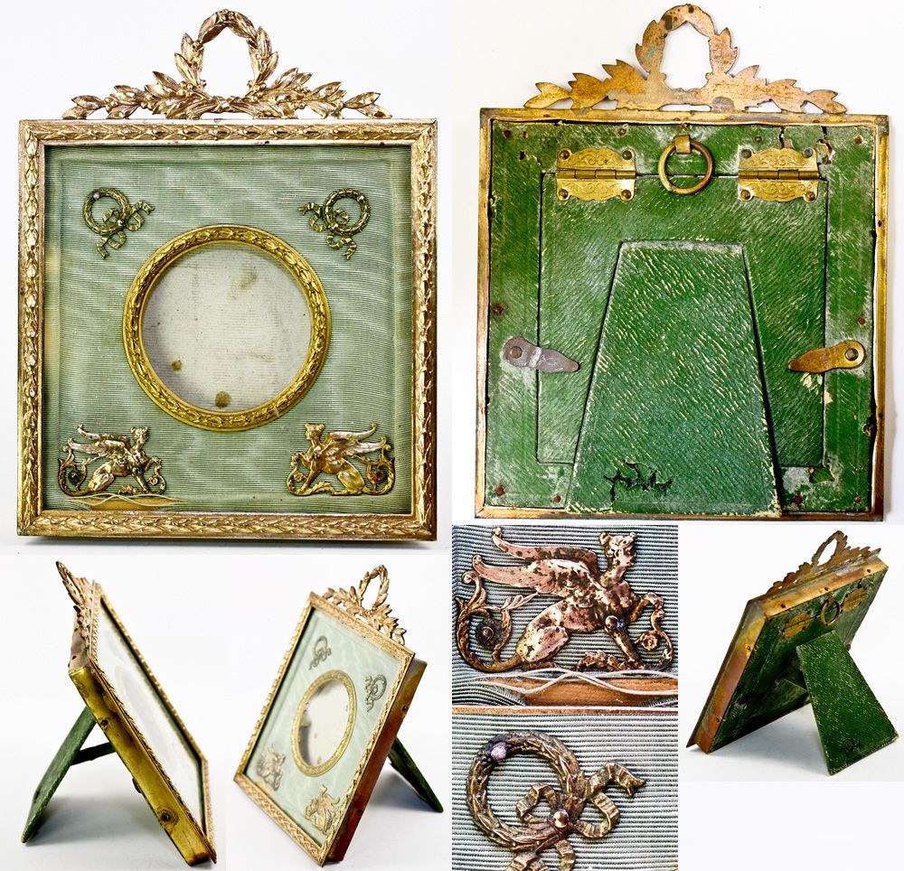 Antique French Dore Bronze Photo or Miniature Portrait Frame, Sphynx Appliques,Silk Mat Antique French Dore Bronze Photo or Miniature Portrait Frame, Sphynx Appliques,Silk Mat
