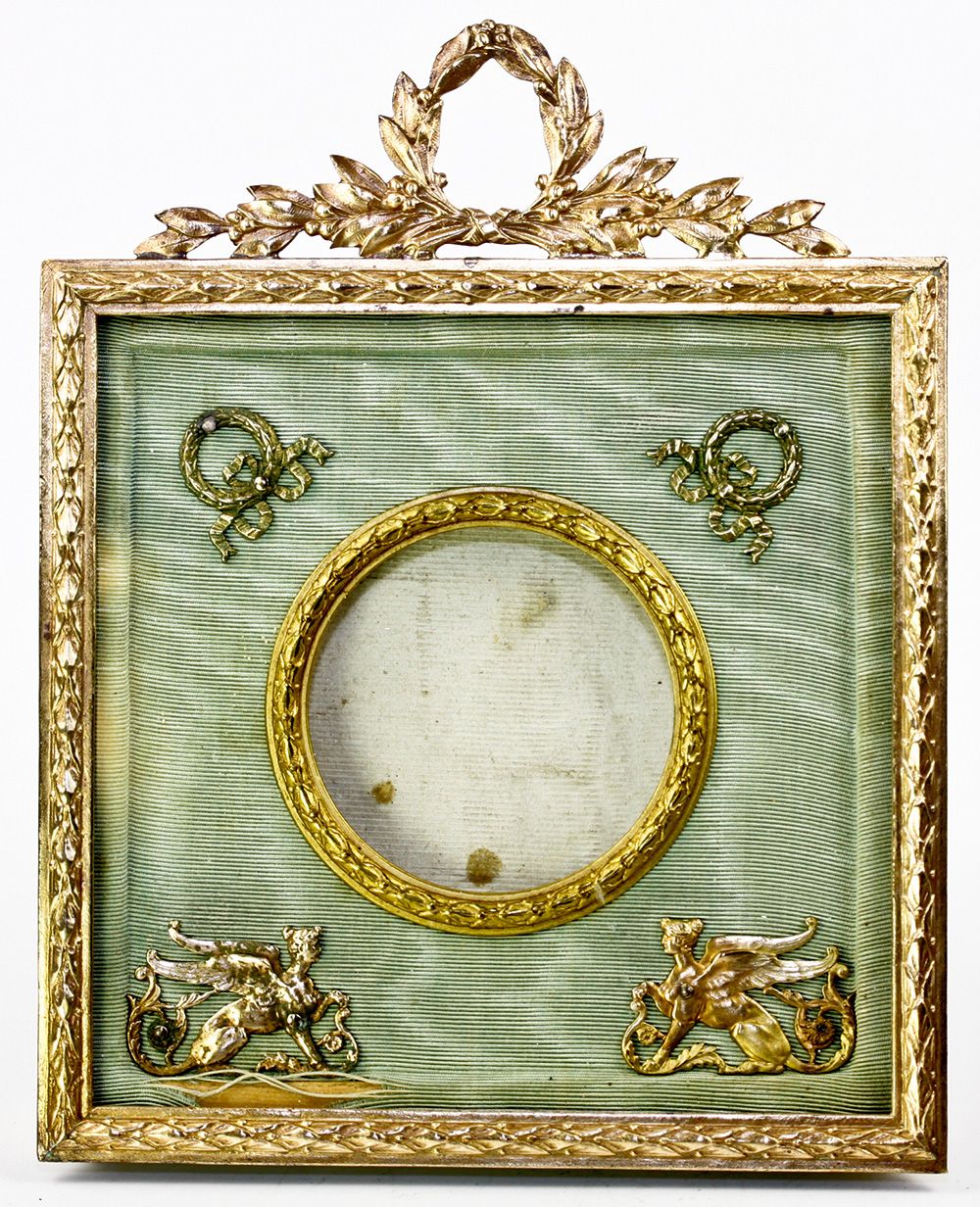 Antique French Dore Bronze Photo or Miniature Portrait Frame, Sphynx Appliques,Silk Mat Antique French Dore Bronze Photo or Miniature Portrait Frame, Sphynx Appliques,Silk Mat