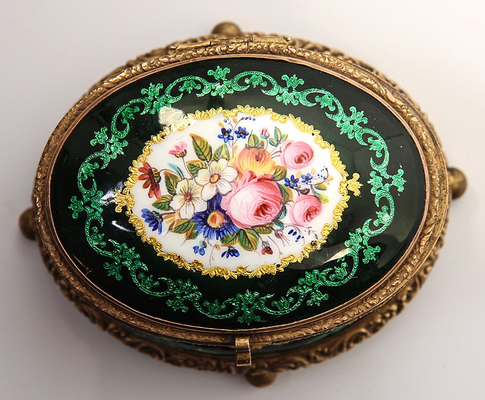 Antique French Kilnfired Enamel Jewelry Casket, Box, Case, Unsigned
