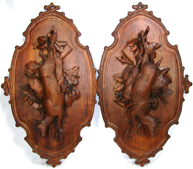RARE Antique Black Forest Carved 32.5" Hunt Themed Wall Plaque PAIR, Game Birds & Deer or Chamois Figures RARE Antique Black Forest Carved 32.5" Hunt Themed Wall Plaque PAIR, Game Birds & Deer or Chamois Figures