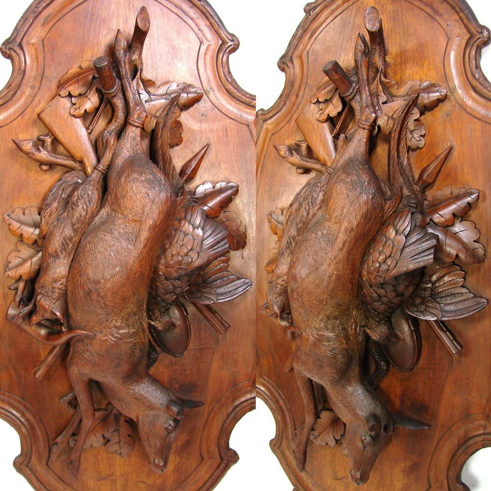 RARE Antique Black Forest Carved 32.5" Hunt Themed Wall Plaque PAIR, Game Birds & Deer or Chamois Figures RARE Antique Black Forest Carved 32.5" Hunt Themed Wall Plaque PAIR, Game Birds & Deer or Chamois Figures