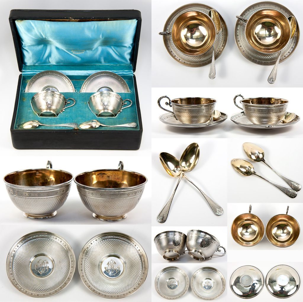 Antique French Sterling Silver Duet Tea Cups, Saucers in Original