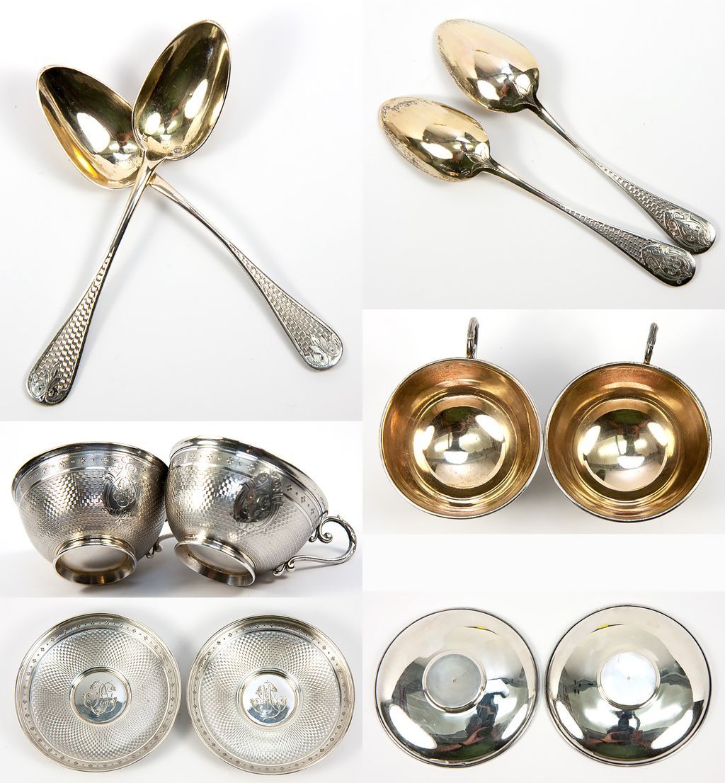 Antique French Sterling Silver Duet Tea Cups, Saucers in Original