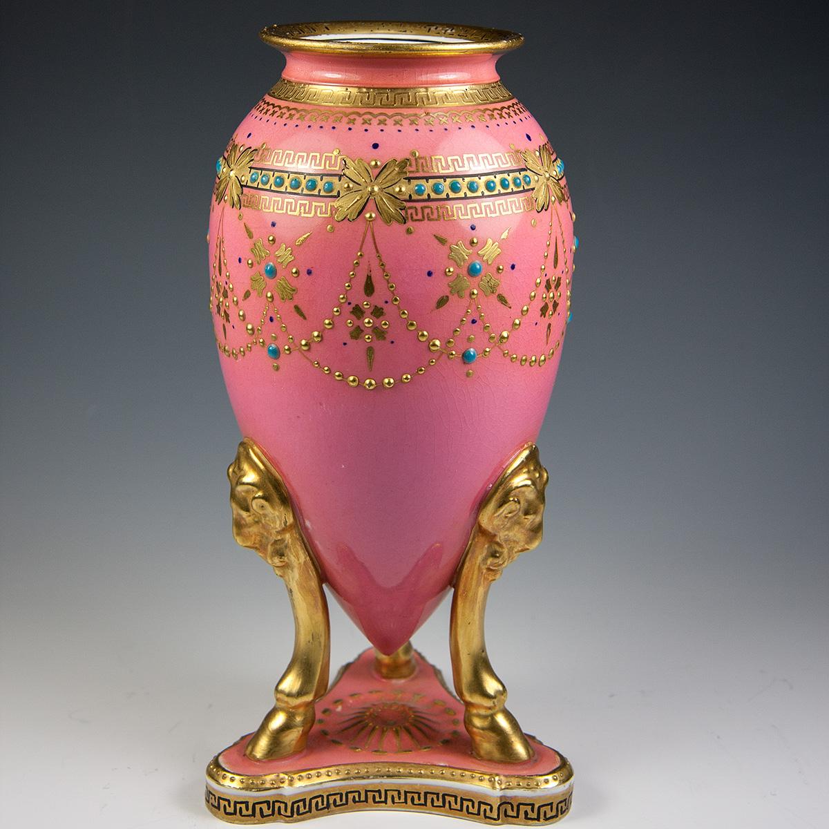 Rare Fine Antique French Hand Decorated Pink Porcelain Vase by Redon