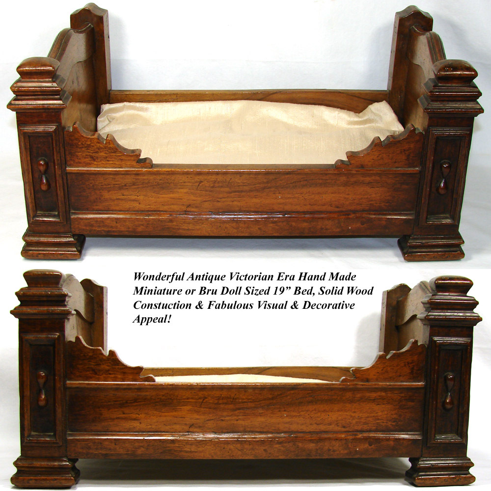 Antique Victorian Era Miniature or Bru Doll Sized 19" Bed, Solid Carved