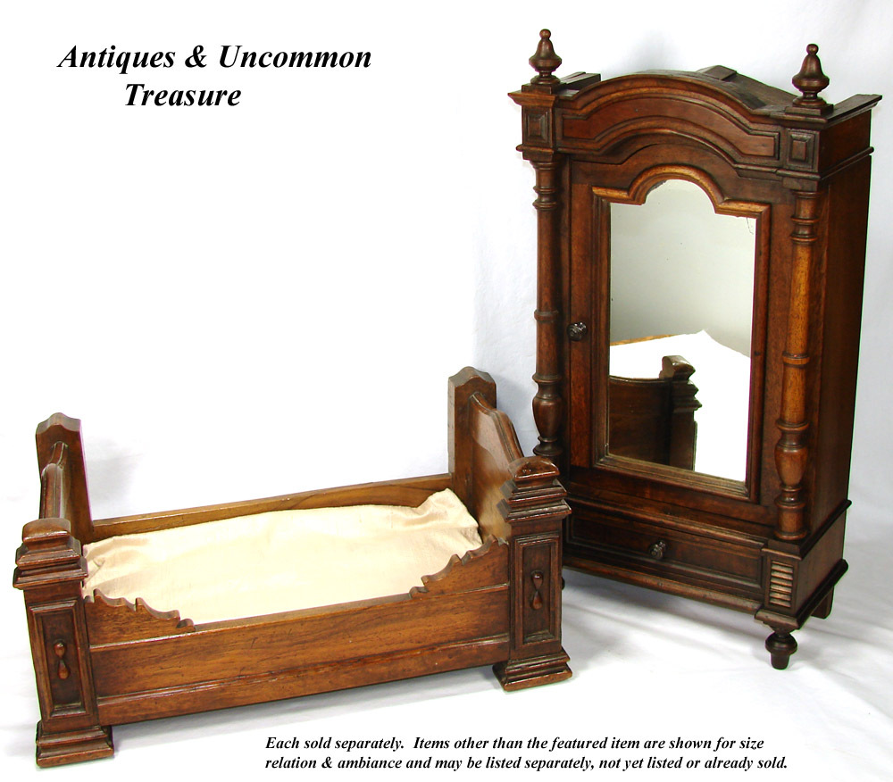 Antique Victorian Era Miniature or Bru Doll Sized 19" Bed, Solid Carved