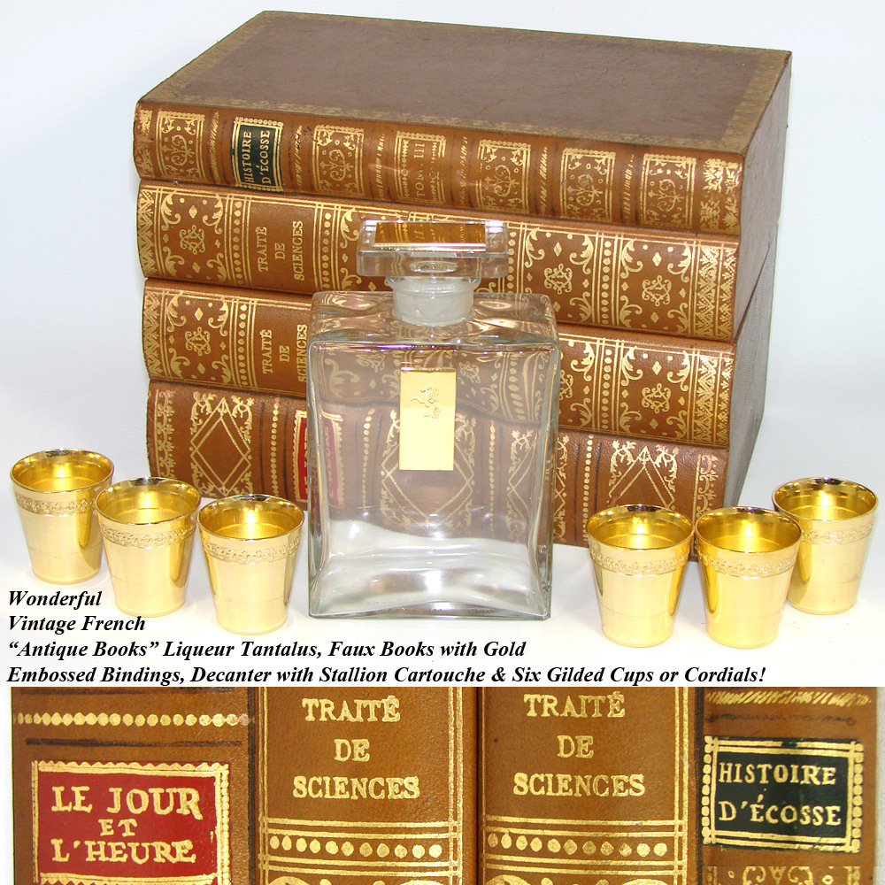 Vintage French "Antique Leather Bound Book" Liquor Tantalus, Box
