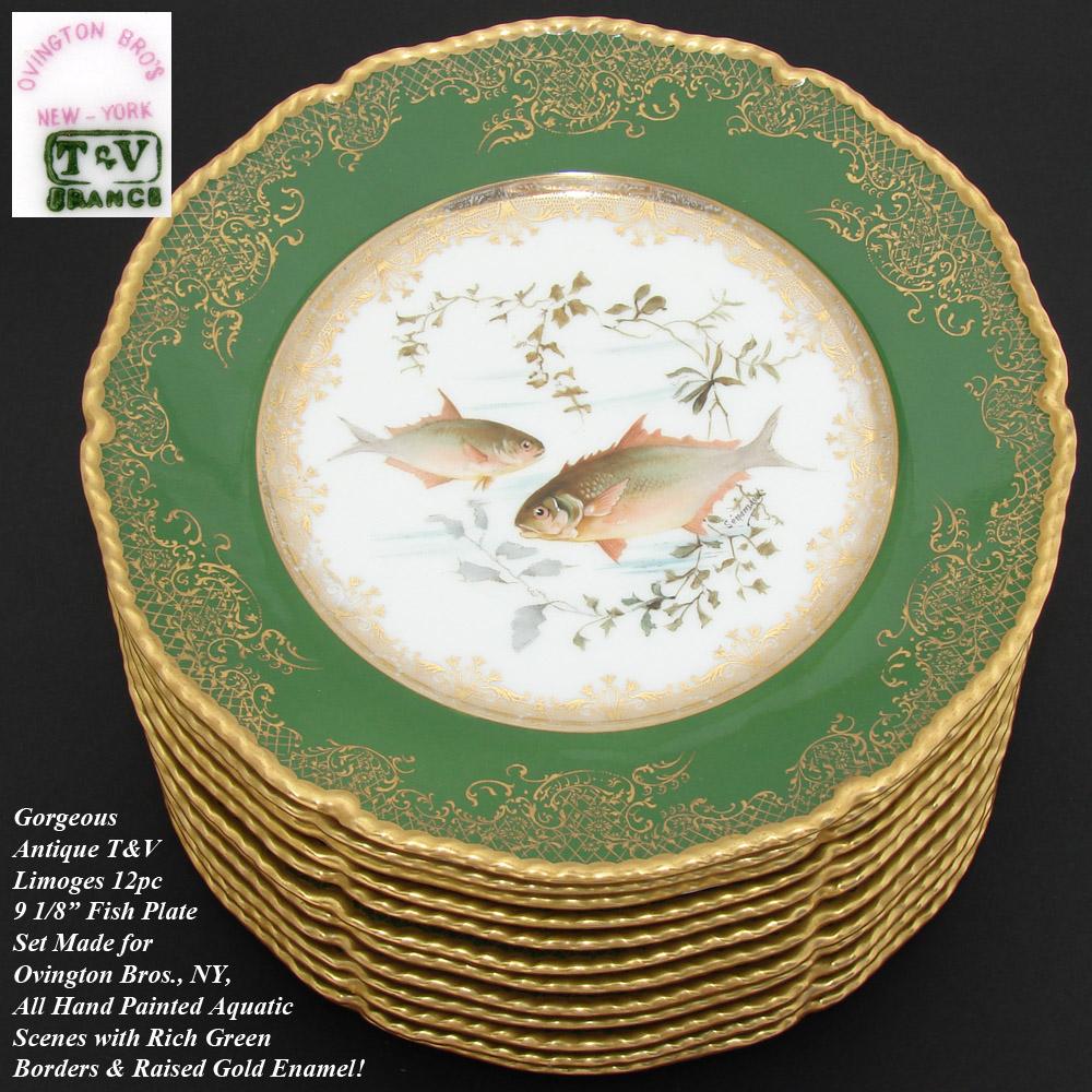 Antique Limoges 12pc 9" Fish Plate Set, Green & Raised Gold Borders, HP