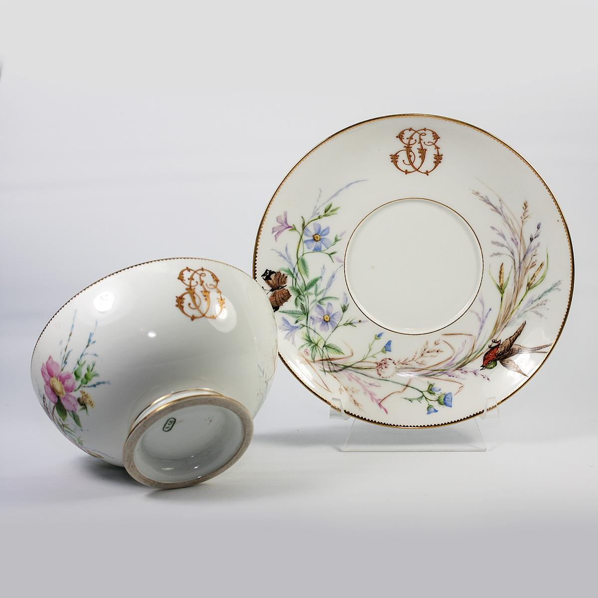 Antique Sevres Hand Painted Porcelain Service Bowl & Large Saucer, c