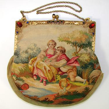 Antique French Aubusson Hand Bag, Purse, Jeweled Frame Antique French Aubusson Hand Bag, Purse, Jeweled Frame