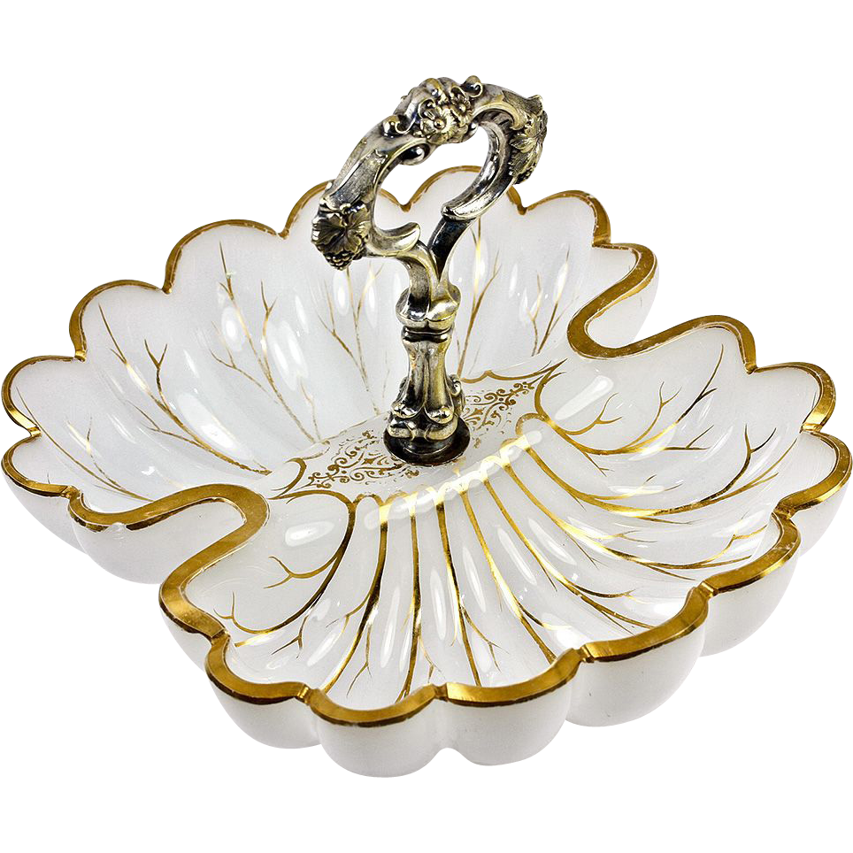 Antique Moser Opaline Service Dish, Double Scallop Shell with Silver Handle Antique Moser Opaline Service Dish, Double Scallop Shell with Silver Handle