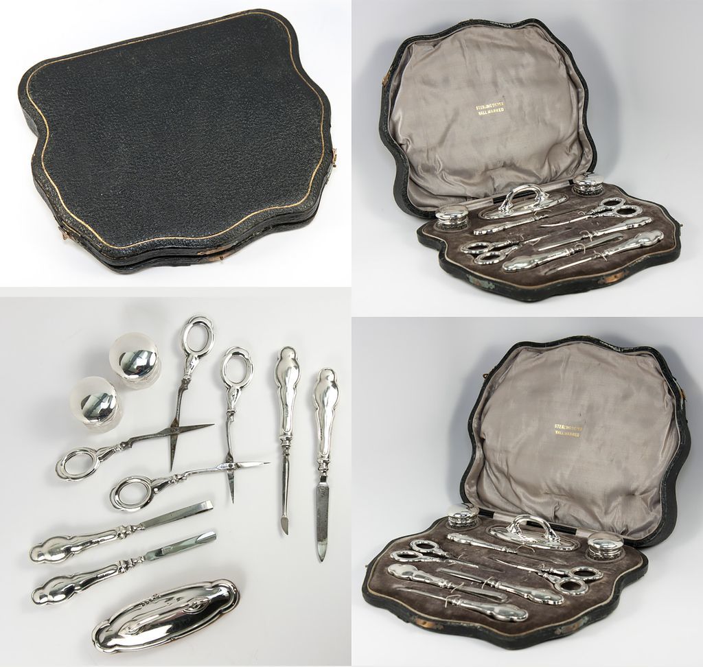 Antique English Sterling Silver Manicure & Vanity Set in Orig. Box, 9pc