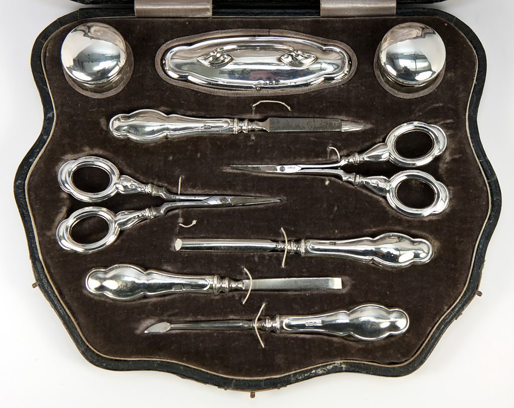 Antique English Sterling Silver Manicure & Vanity Set in Orig. Box, 9pc