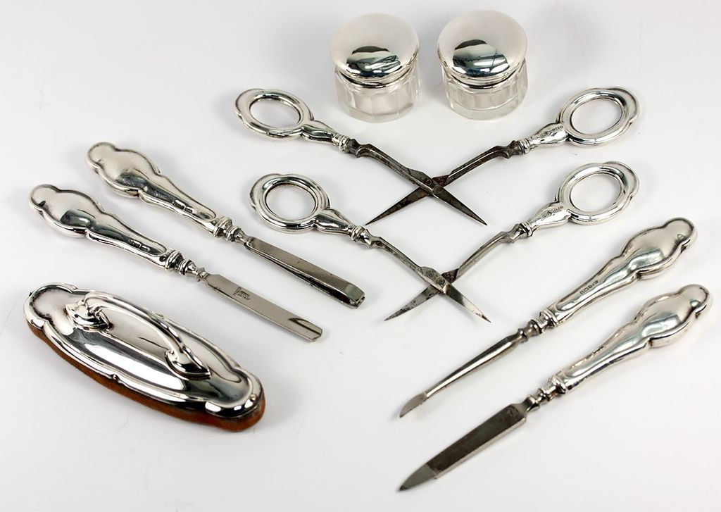 Antique English Sterling Silver Manicure & Vanity Set in Orig. Box, 9pc