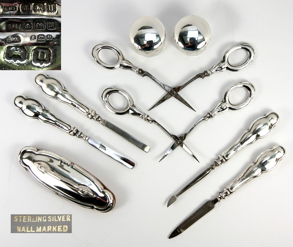 Antique English Sterling Silver Manicure & Vanity Set in Orig. Box, 9pc