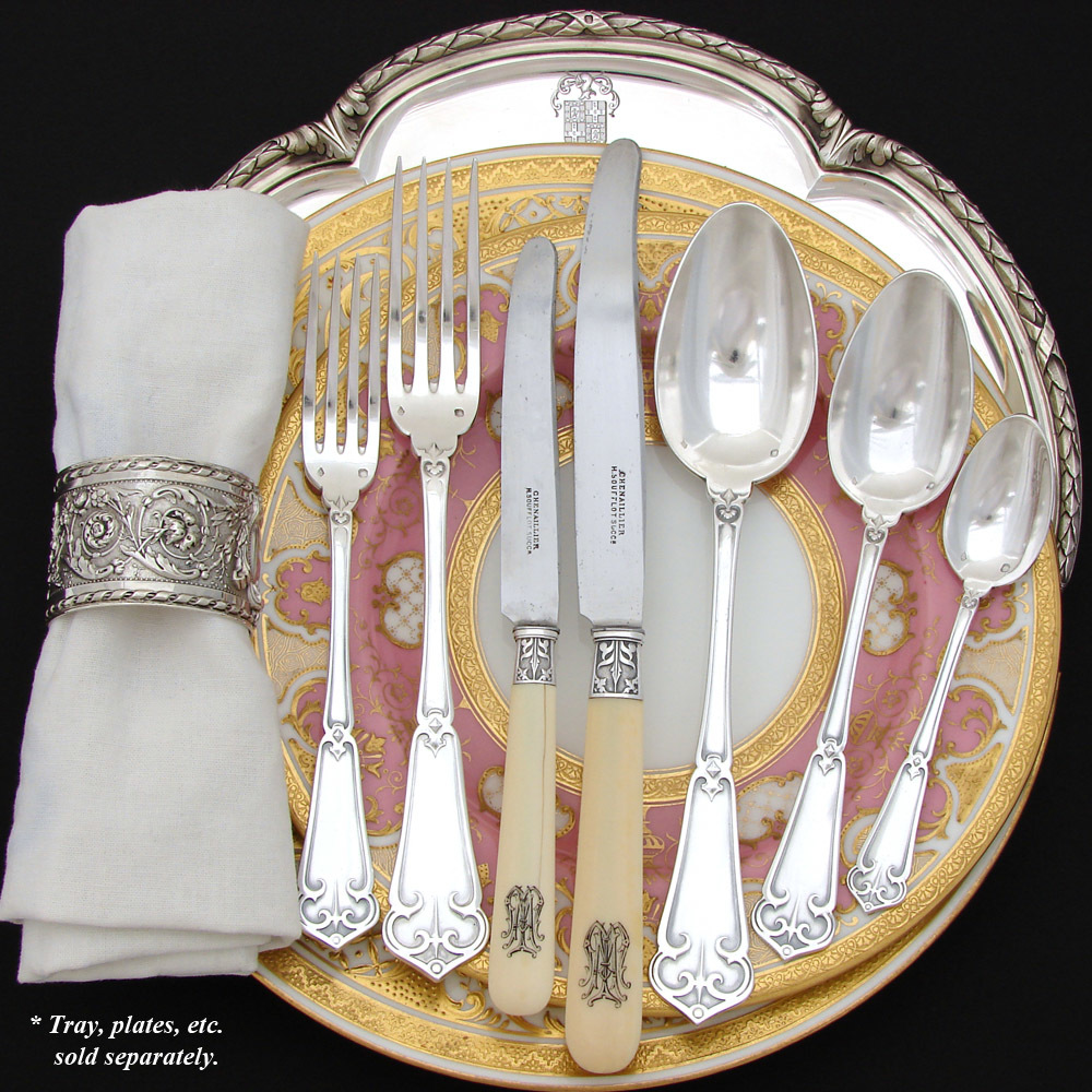 Exq Antique French Sterling Silver 90pc+ Flatware Set, Gothic Pattern