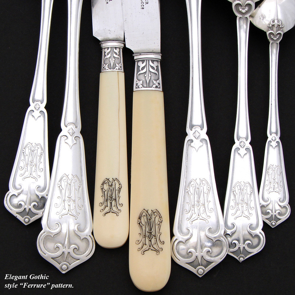 Exq Antique French Sterling Silver 90pc+ Flatware Set, Gothic Pattern