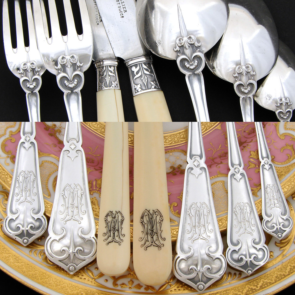 Exq Antique French Sterling Silver 90pc+ Flatware Set, Gothic Pattern