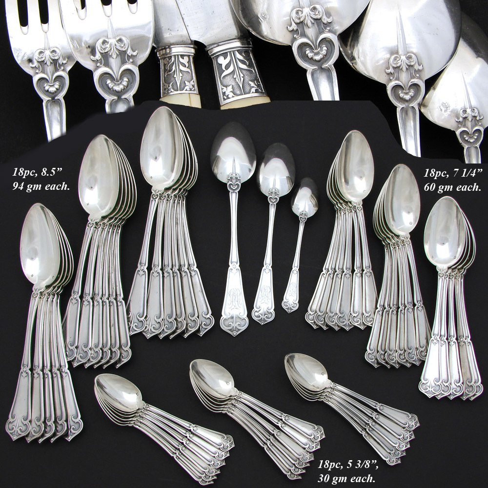 Exq Antique French Sterling Silver 90pc+ Flatware Set, Gothic Pattern