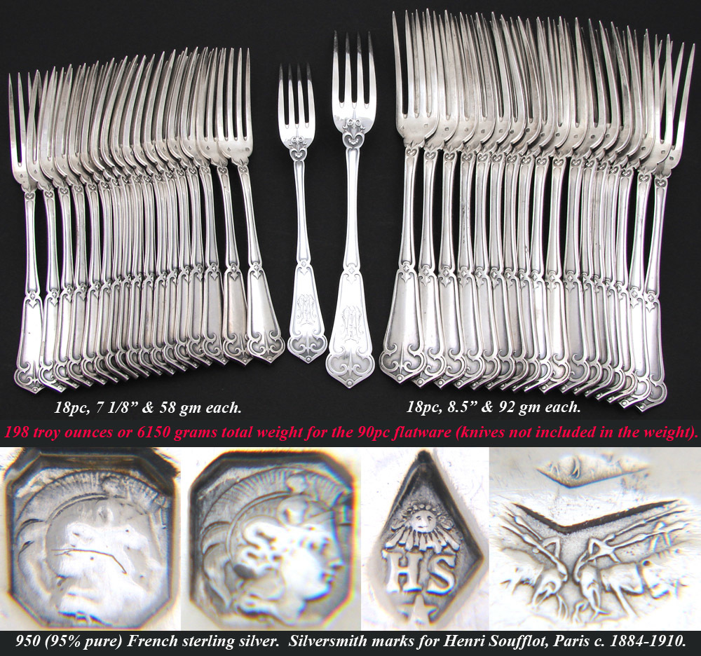 Exq Antique French Sterling Silver 90pc+ Flatware Set, Gothic Pattern