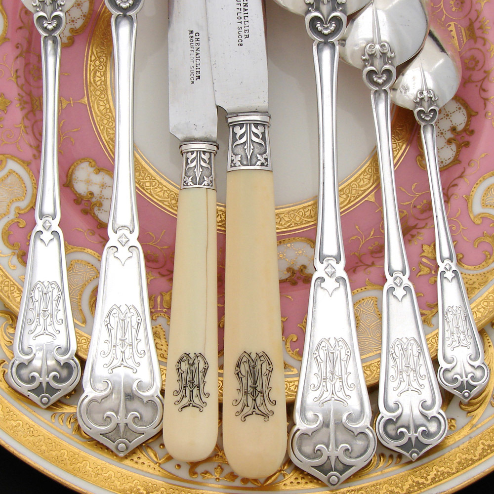 Exq Antique French Sterling Silver 90pc+ Flatware Set, Gothic Pattern
