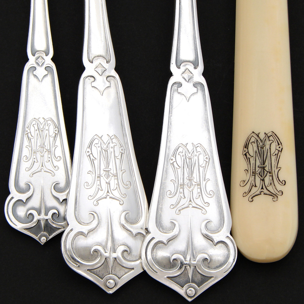 Exq Antique French Sterling Silver 90pc+ Flatware Set, Gothic Pattern