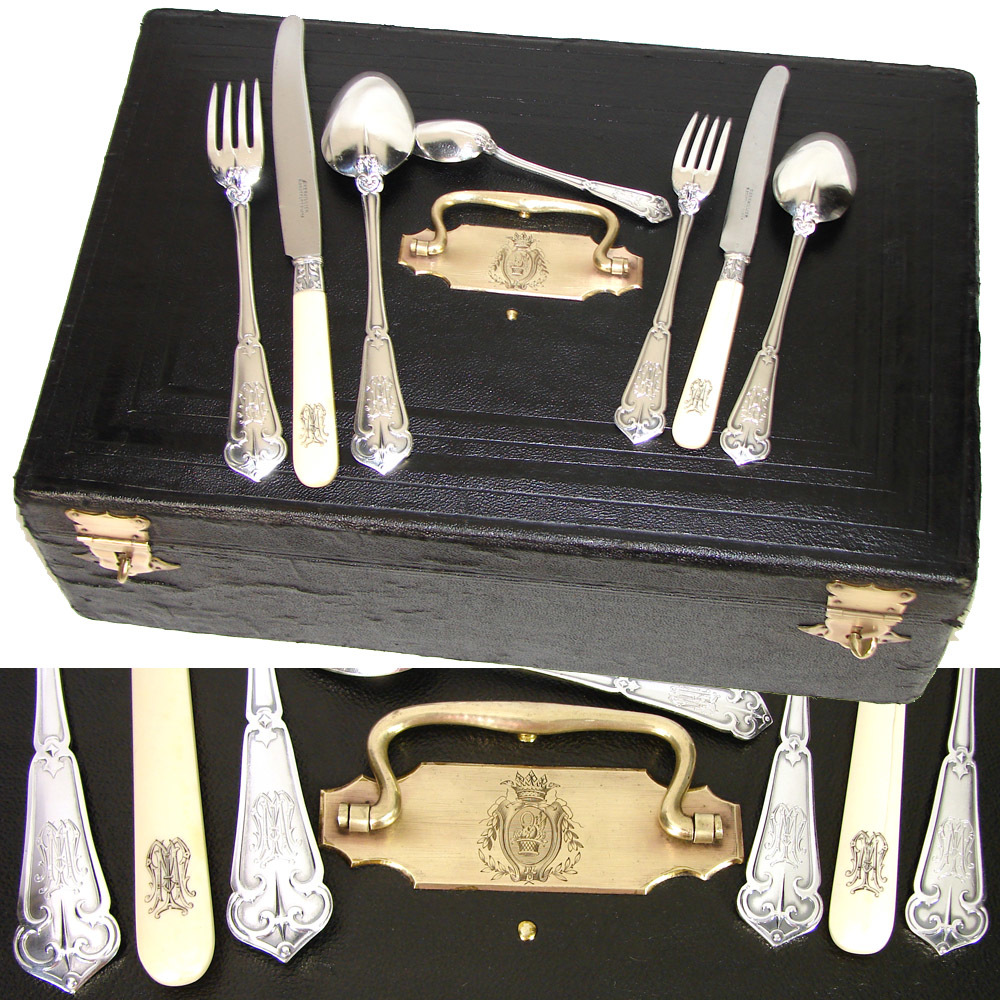 Exq Antique French Sterling Silver 90pc+ Flatware Set, Gothic Pattern