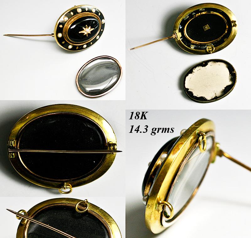 Antique 18K Gold, Enamel & Seed Pearl Mourning Brooch - Georgian Era with Hair Locket Back Antique 18K Gold, Enamel & Seed Pearl Mourning Brooch - Georgian Era with Hair Locket Back