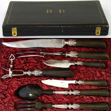Antique French 7pc .800/1000 Silver & Horn Serving Implements, Fitted Box Antique French 7pc .800/1000 Silver & Horn Serving Implements, Fitted Box